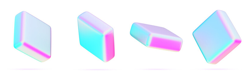 Neon metal square plate shapes 3d render icon set. Holographic y2k abstract cube blocks with bright blue pink gradient, pearlescent rainbow color effect. Isolated iridescent figures. 3D illustration