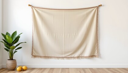 a room scene with a large beige tapestry hanging on a wall