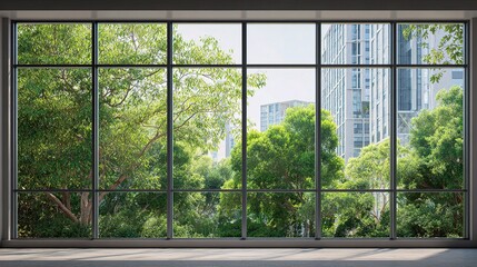 Naklejka premium Modern Window Frame Overlooking Lush Green Trees and Urban Landscape