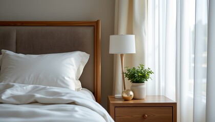 a neatly arranged bedroom setting. dominating the scene are two beds placed side by side against a wall featuring a window with white blinds partially drawn
