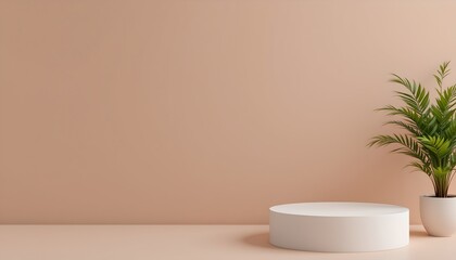 a modern indoor setting featuring a minimalist interior design with a pink wall, a plant in a pot, and a small round white table