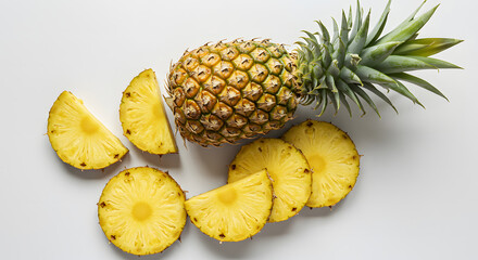 Top View of Fresh Pineapple Fruits and Slices on White Background