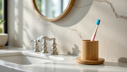 a well kept bathroom with a modern design. dominating the center is a sink with a countertop that appears to be made of marble, providing a luxurious feel