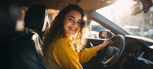 The cheerful woman enjoying her drive in a sunlit car interior.