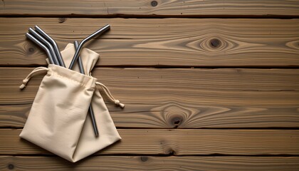 a wooden table with a rustic look. on it rests a pouch filled with screws, placed at one end. to the right of this bag, a smaller pouch is visible, containing nails and wire