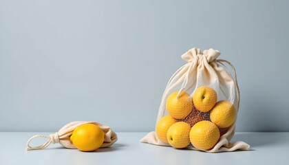 two bags of fresh lemons, one containing whole lemons while the other contains halved lemons, set against a blue background. the lemons are vibrant yellow with a noticeable texture on their skin.
