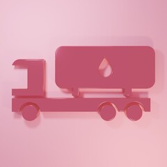 Pink Tanker truck icon isolated on pink background. Petroleum tanker, petrol truck, cistern, oil trailer. Minimalism concept. 3D render illustration