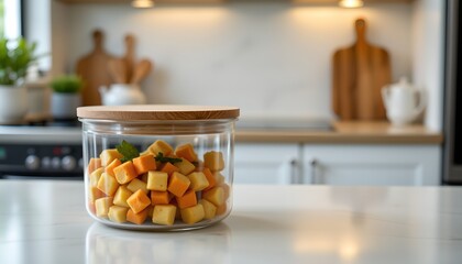 a kitchen counter with a clear jar filled with orange cubes of food, sitting next to a wooden cutting board. in the background, there is a kitchen stove and cabinets