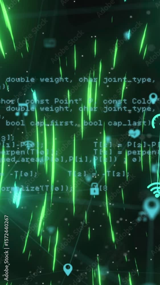 Poster animation of circular pattern and connected icons forming globes with computer language