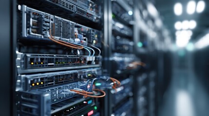A detailed image focusing on interconnected server components within a hightech data center showcasing the importance of network redundancy and scalability in contemporary data processing