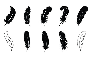A set of eight black feather silhouettes