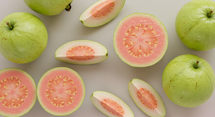 Top View of Fresh Pear Fruits and Slices on White Background
