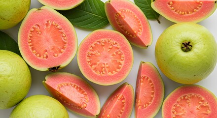 Top View of Fresh Pear Fruits and Slices on White Background