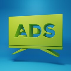 Green Advertising icon isolated on blue background. Concept of marketing and promotion process. Responsive ads. Social media advertising. Minimalism concept. 3D render illustration