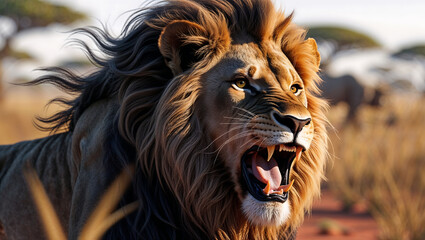 Majestic Roaring Lion in Golden Savanna Landscape with Windswept Mane and Intense Expression Captured in Warm Natural Light

