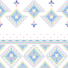 Blue, yellow, and green Aztec-style seamless pattern. Tribal Aztec vector background. Boho chic fashion print. Native ethnic pattern. Ideas for tiles, wallpaper, edge fabric, and carpet.
