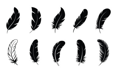 A set of eight black feather silhouettes