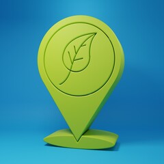 Green Location with leaf icon isolated on blue background. Eco energy concept. Alternative energy concept. Minimalism concept. 3D render illustration