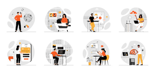 Bundle of Wireless Technology concepts with people scene in flat cartoon design. Collection work with men and women. People make wireless connection and communication. Vector illustration