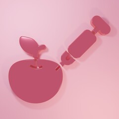 Pink Genetically modified apple icon isolated on pink background. GMO fruit. Syringe being injected to apple. Minimalism concept. 3D render illustration
