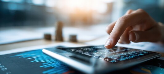 The hand using a smartphone for financial analysis and data visualization.