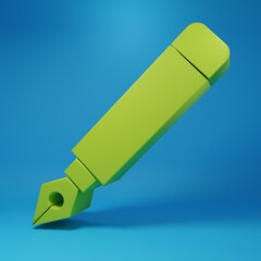 Green Fountain pen nib icon isolated on blue background. Pen tool sign. Minimalism concept. 3D render illustration