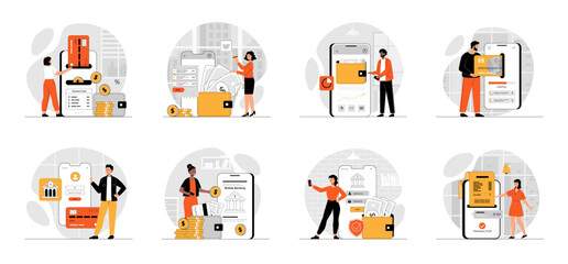 Bundle of Mobile Banking concepts with people scene in flat cartoon design. Collection work with men and women. People . Vector illustration
