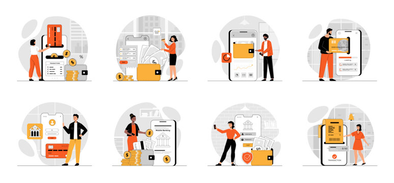 Bundle of Mobile Banking concepts with people scene in flat cartoon design. Collection work with men and women. People . Vector illustration