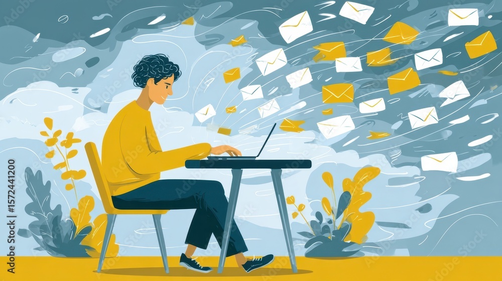 Poster creative workspace setting showcasing a person deeply engaged in typing on a laptop with a backdrop 