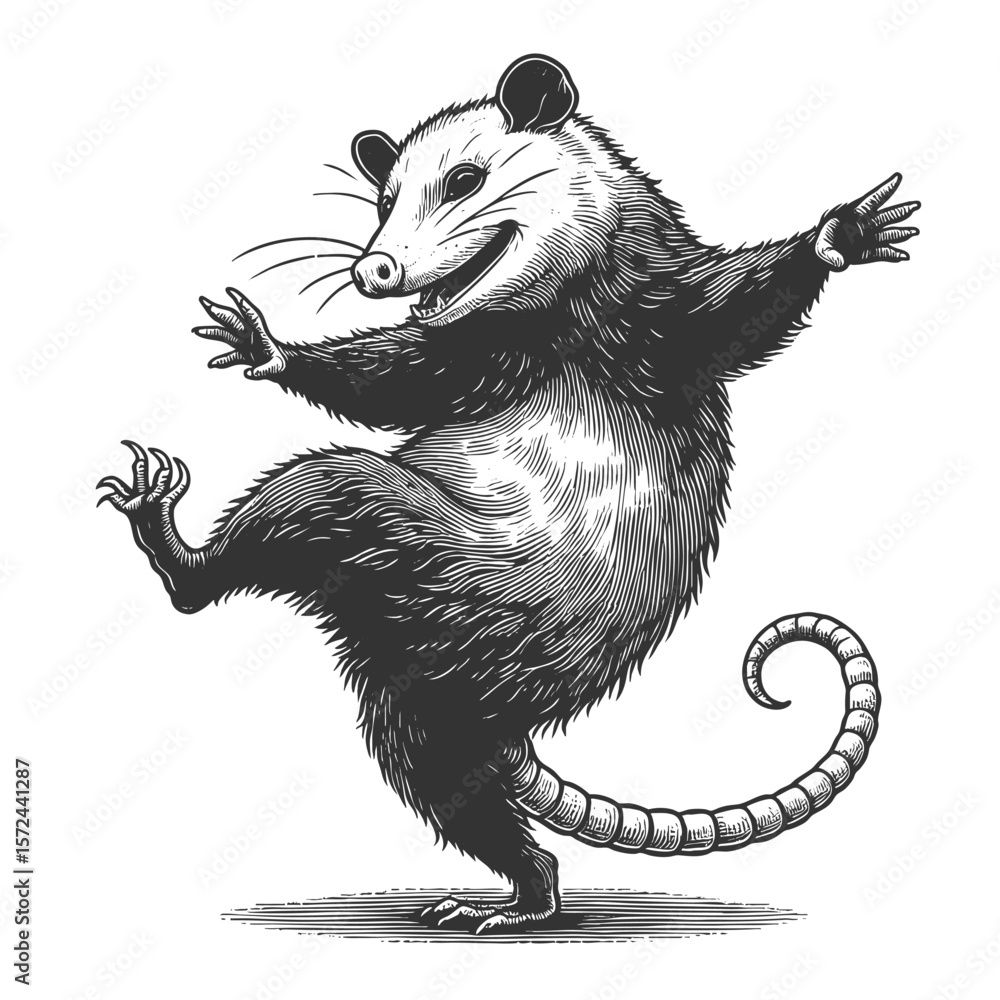 Poster dancing opossum sketch engraving generative ai fictional character vector illustration. scratch boar