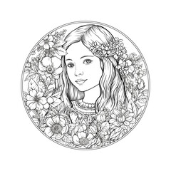 A young beautiful girl on the background of a flowers in circle frame Clip art. Coloring page for the adult coloring book. Vector illustration. In art nouveau style, vintage, old, retro style.