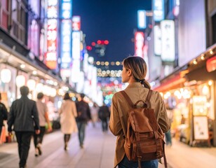 Fototapeta premium Realistic photos of solo travelers walking through Tokyo streets at night.