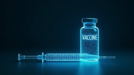 Small vaccine bottle (phial) and a medical syringe injection with its needle, isolated on dark blue background.