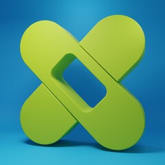 Green Crossed bandage plaster icon isolated on blue background. Medical plaster, adhesive bandage, flexible fabric bandage. Minimalism concept. 3D render illustration