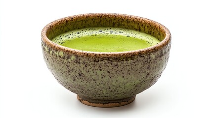 a hot matcha in japanese tea bowl clipart, traditional style, green frothy surface, earthy ceramic, isolated on white background