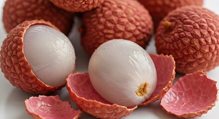 Lychee Fruits and Slices in Upper View on White Background