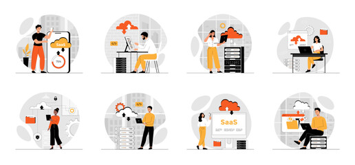 Bundle of SaaS concepts with people scene in flat cartoon design. Software as a service. Collection work with men and women. People programming and data analysis with saas technologies. Vector 