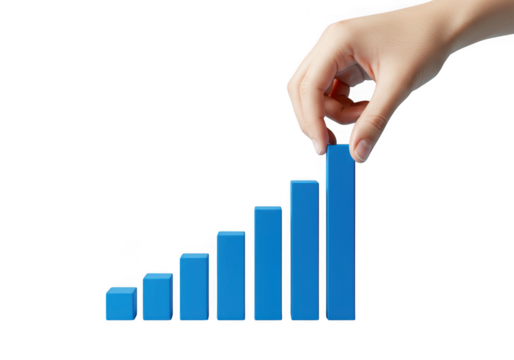 Hand placing blue bar on increasing graph representing business growth and success isolated on transparent background