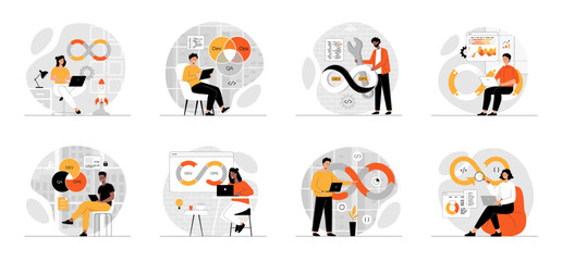Bundle of DevOps concepts with people scene in flat cartoon design. Collection work with men and women. People working on software development, operations process, automation process. Vector