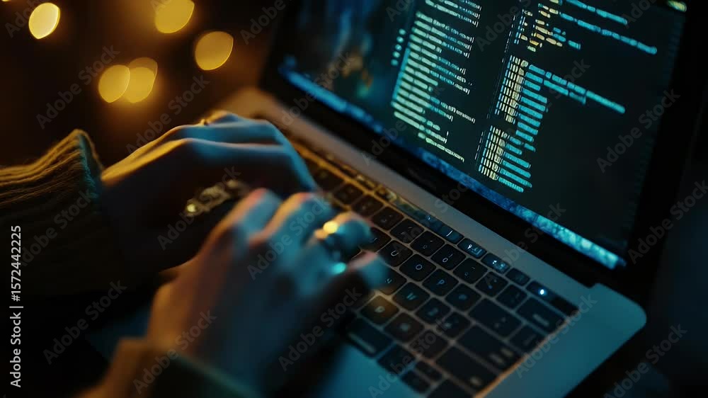 Poster close-up of hands typing on a laptop displaying code at night