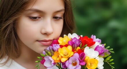 Naklejka premium A beautiful young girl is smelling a colorful bouquet of freesia flowers in a garden