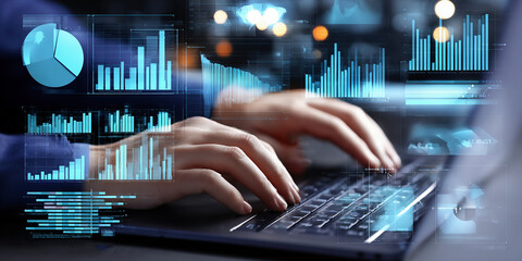 Data analytics and graphs. Analysis of statistical business marketing data. Data scientist using laptop computer to analyze data.