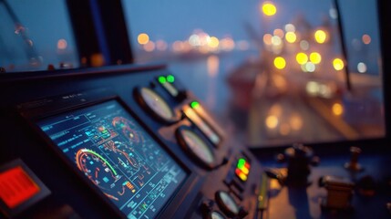 A closeup view of a hightech control panel on the LNG shore terminal displaying realtime data on the bunkering process with illuminated gauges and buttons while the silhouette of the