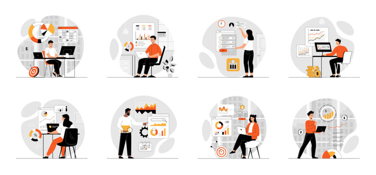 Bundle of Digital Business concepts with people scene in flat cartoon design. Collection work with men and women. Business people management, planning, strategy development online. Vector illustration