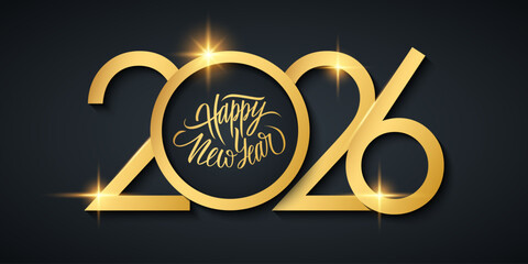 2026 New Year festive banner. Hand lettering holiday greetings Happy New Year. Black and gold colors. Vector illustration.