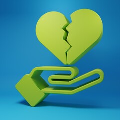 Green Broken heart or divorce icon isolated on blue background. Love symbol. Valentines day. Minimalism concept. 3D render illustration