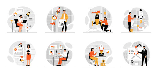 Bundle of Startup concepts with people scene in flat cartoon design. Collection work with men and women. Business people planning new company and launches new project. Vector illustration