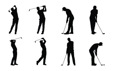 Obraz premium A set of black silhouettes of golfers in various playing positions