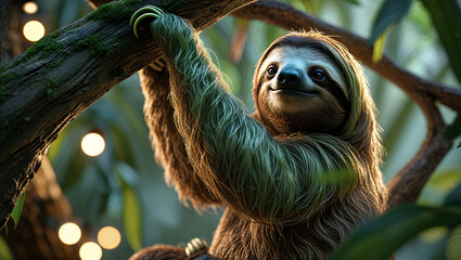 Peaceful Three-Toed Sloth Clinging to Moss-Covered Tree Branch in a Lush Tropical Jungle with Soft Light and Dreamy Bokeh Background

