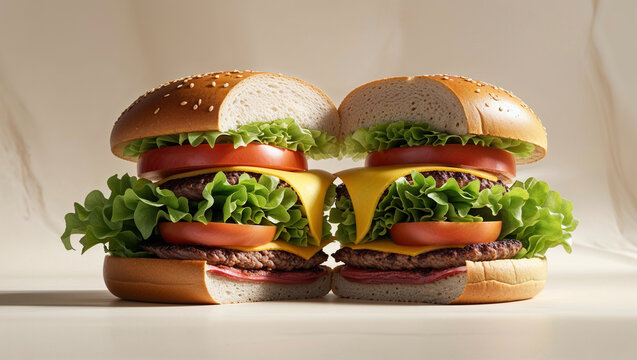 Melting cheese burger sliced in half with gooey cheddar, juicy beef, lettuce, and sauce. Studio food photography with a moody background and detailed texture for gourmet ads. - Powered by Adobe